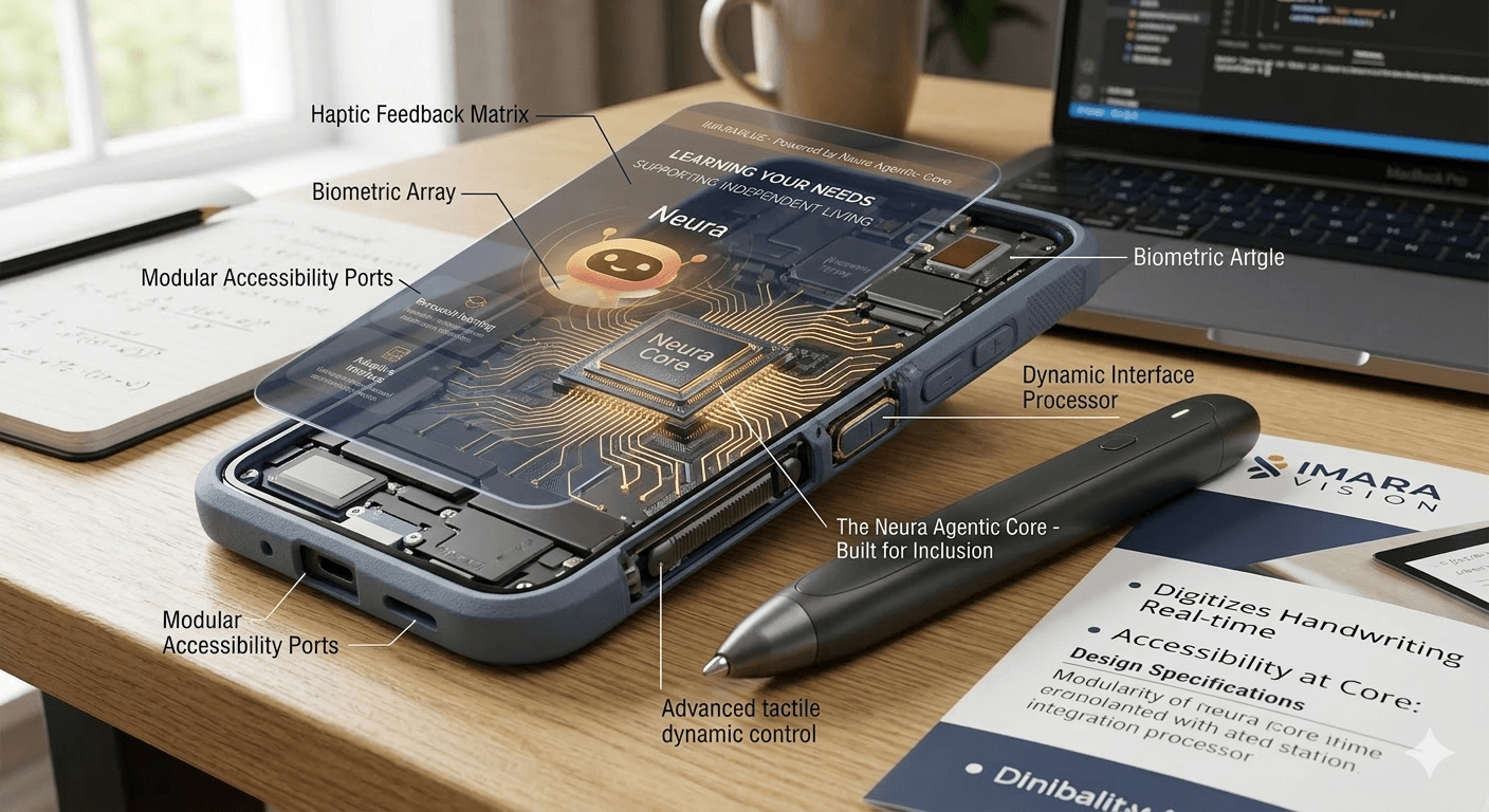 ImaraPlus internal hardware showing Neura agentic core, haptic feedback matrix, biometric array, and modular accessibility ports